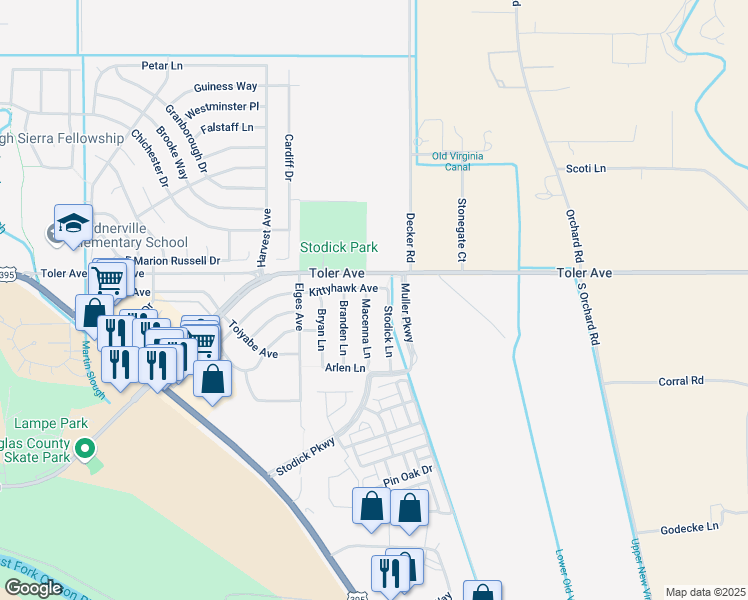 map of restaurants, bars, coffee shops, grocery stores, and more near 1381 Macenna Lane in Gardnerville