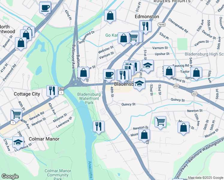 map of restaurants, bars, coffee shops, grocery stores, and more near 4006 48th Street in Bladensburg