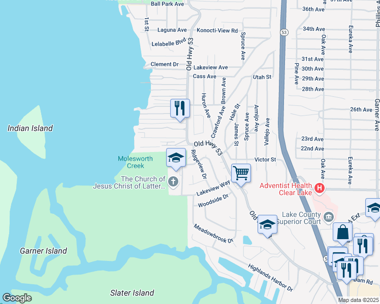 map of restaurants, bars, coffee shops, grocery stores, and more near 6155 Ridgeview Drive in Clearlake