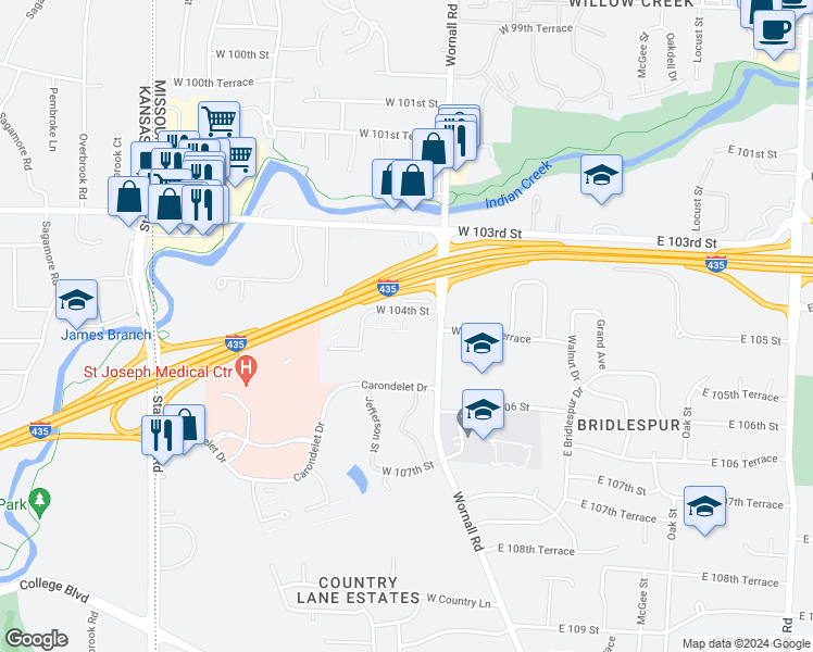 map of restaurants, bars, coffee shops, grocery stores, and more near 419 West 104 Street in Kansas City