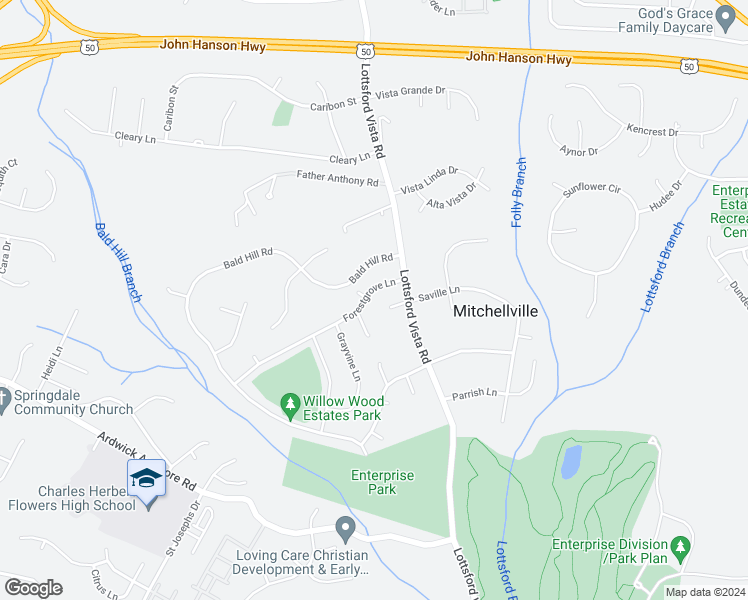 map of restaurants, bars, coffee shops, grocery stores, and more near 10411 Forestgrove Lane in Bowie