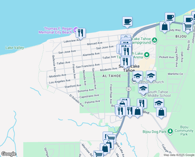 map of restaurants, bars, coffee shops, grocery stores, and more near 866 Los Angeles Avenue in South Lake Tahoe