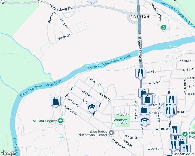 map of restaurants, bars, coffee shops, grocery stores, and more near 1604 Jefferson Avenue in Front Royal