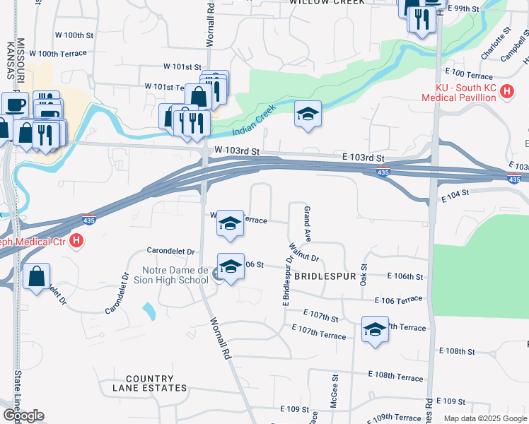 map of restaurants, bars, coffee shops, grocery stores, and more near 10432 Baltimore Avenue in Kansas City