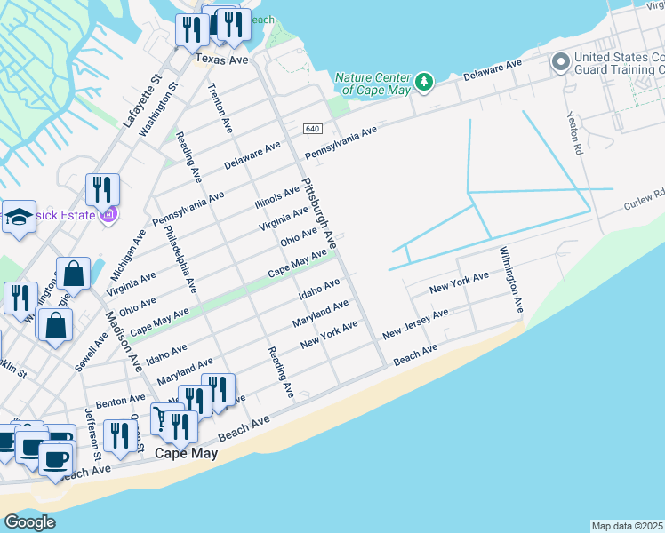 map of restaurants, bars, coffee shops, grocery stores, and more near 1320 Cape May Avenue in Cape May