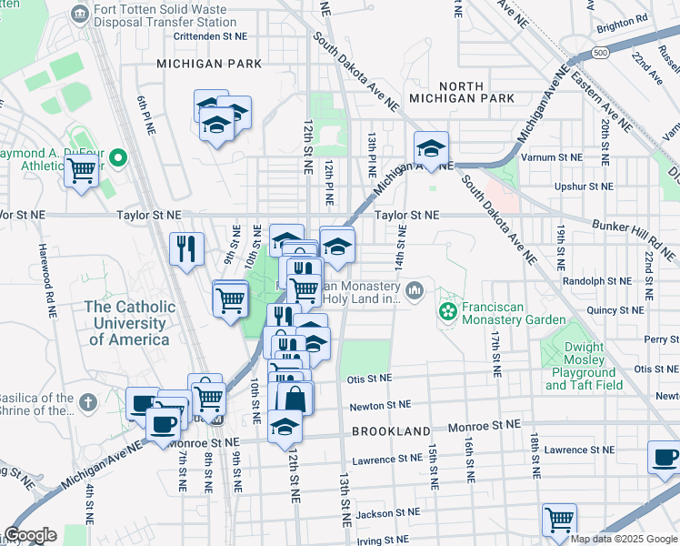 map of restaurants, bars, coffee shops, grocery stores, and more near 1240 Randolph Street Northeast in Washington