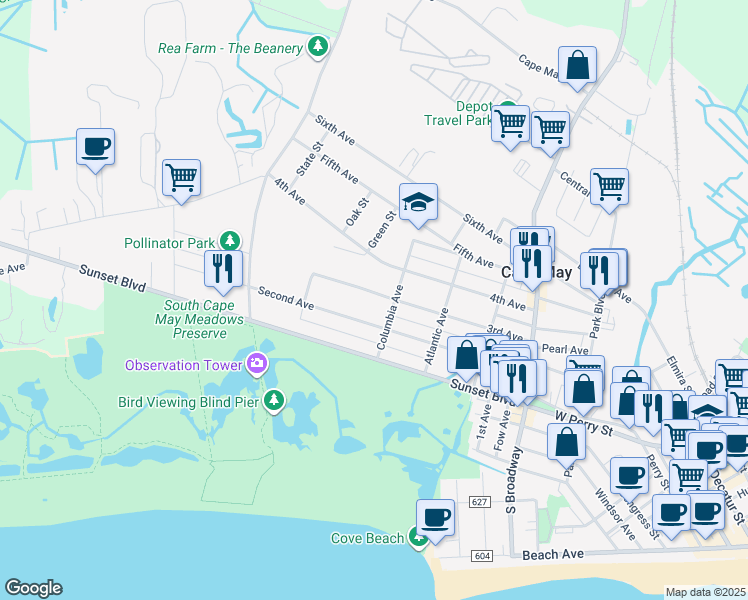 map of restaurants, bars, coffee shops, grocery stores, and more near 408 3rd Avenue in West Cape May