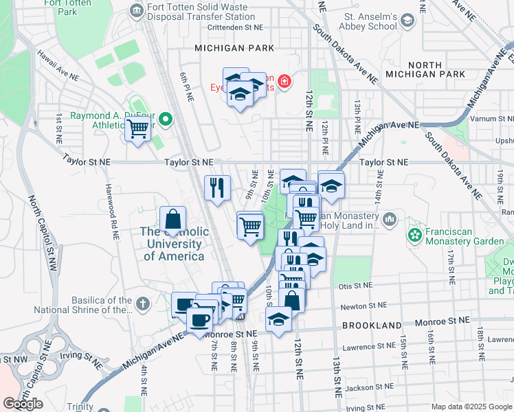 map of restaurants, bars, coffee shops, grocery stores, and more near 3922 10th Street Northeast in Washington