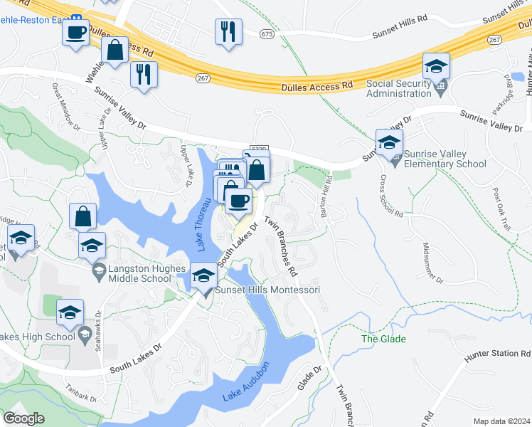map of restaurants, bars, coffee shops, grocery stores, and more near 1986B Villaridge Drive in Reston