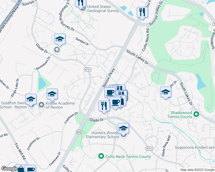 map of restaurants, bars, coffee shops, grocery stores, and more near 2211 Hunter's Run Drive in Reston