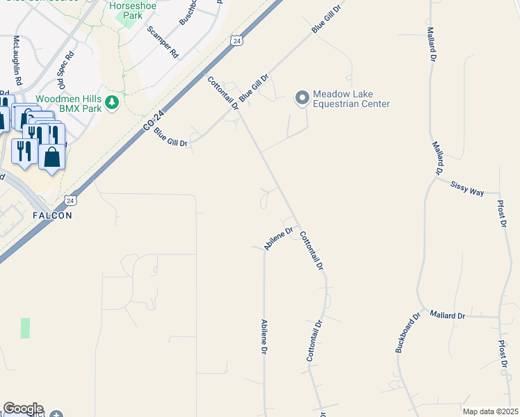 map of restaurants, bars, coffee shops, grocery stores, and more near 13055 Cottontail Drive in Peyton