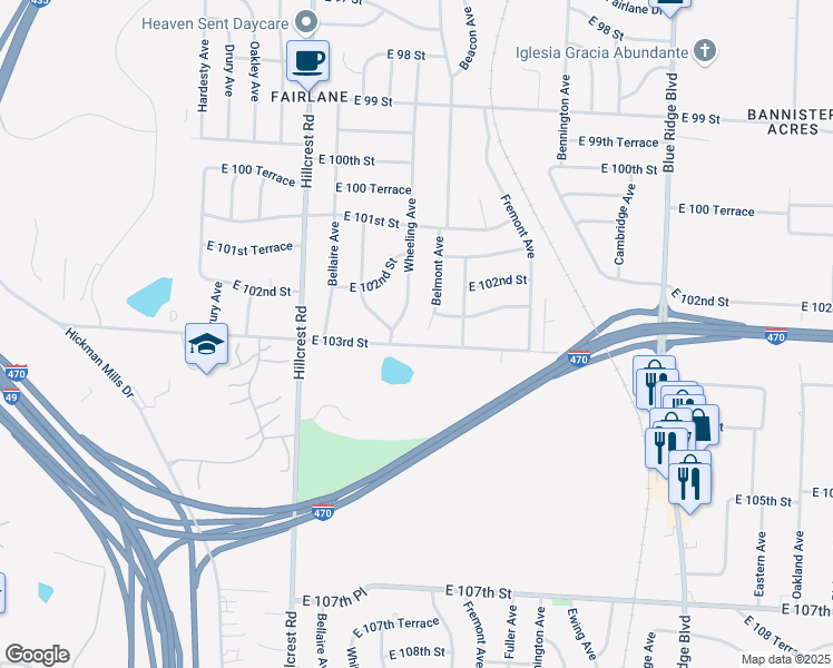 map of restaurants, bars, coffee shops, grocery stores, and more near 10214 Belmont Avenue in Kansas City