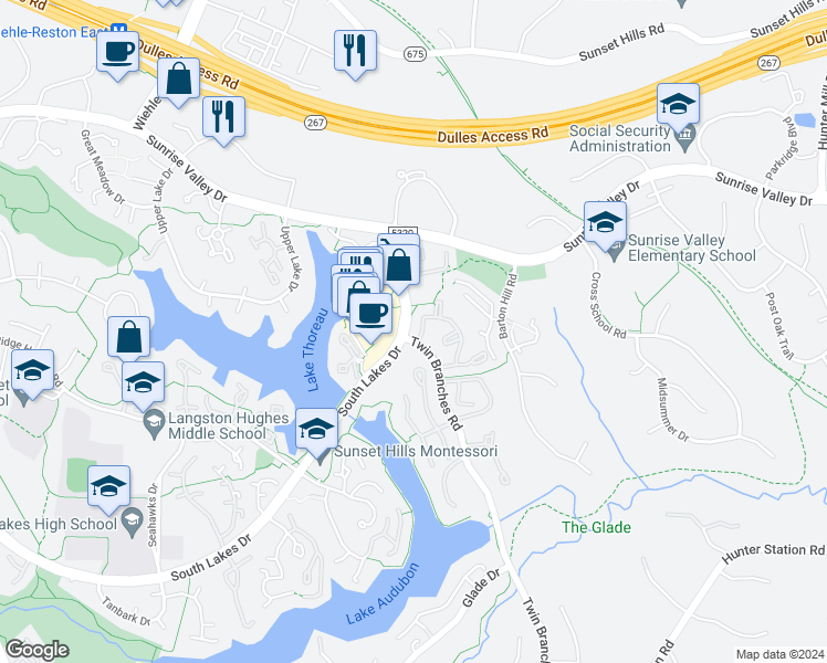 map of restaurants, bars, coffee shops, grocery stores, and more near 1986B Villaridge Drive in Reston