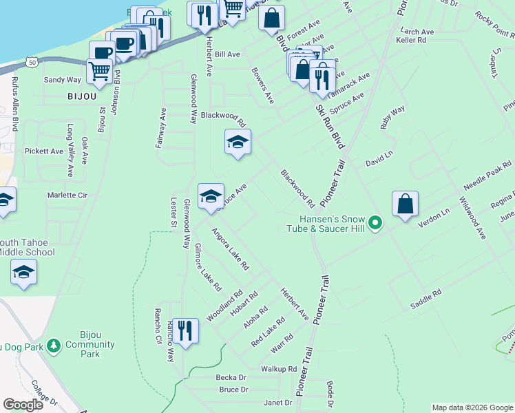 map of restaurants, bars, coffee shops, grocery stores, and more near 1297 Champlain Drive in South Lake Tahoe