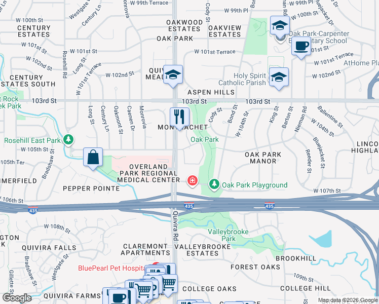 map of restaurants, bars, coffee shops, grocery stores, and more near 11701 West 105th Street in Overland Park