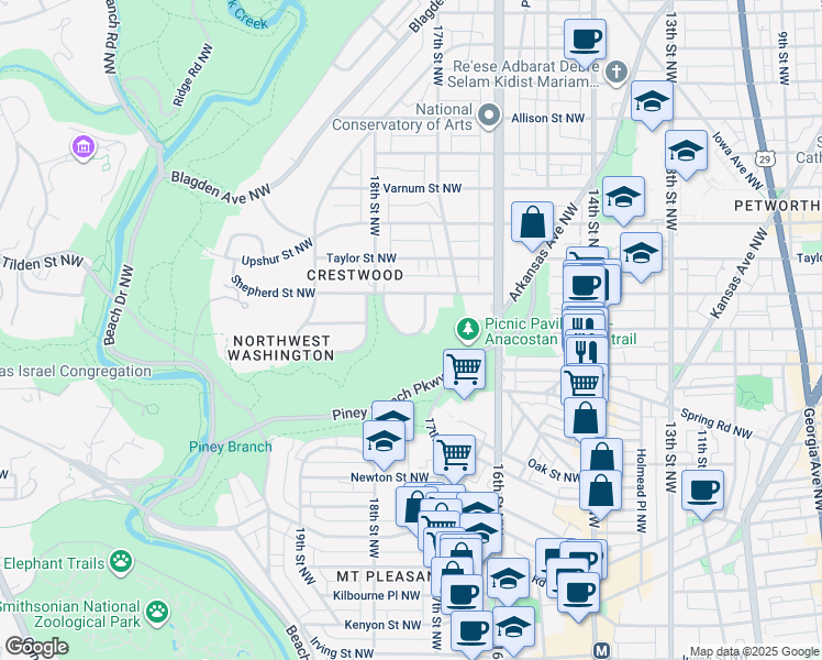 map of restaurants, bars, coffee shops, grocery stores, and more near 1739 Crestwood Drive Northwest in Washington