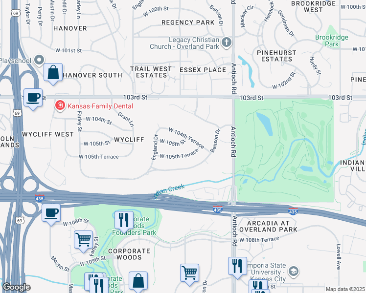 map of restaurants, bars, coffee shops, grocery stores, and more near 8909 West 105th Street in Overland Park