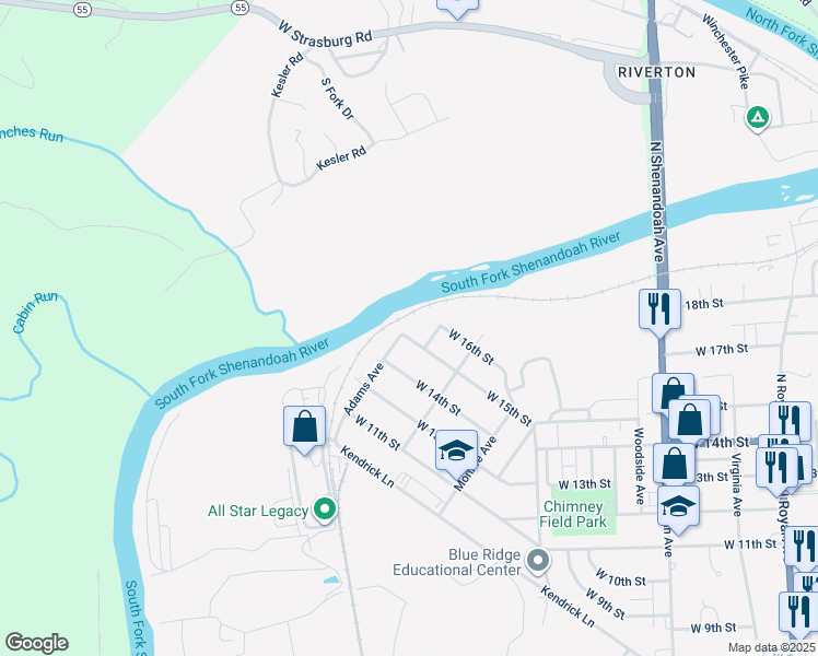 map of restaurants, bars, coffee shops, grocery stores, and more near 843 West 15th Street in Front Royal