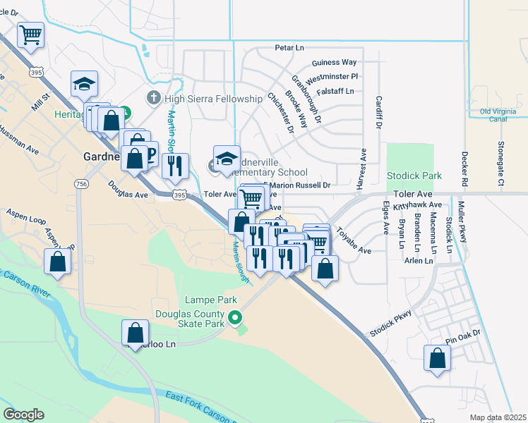 map of restaurants, bars, coffee shops, grocery stores, and more near 1363 U.S. 395 in Gardnerville