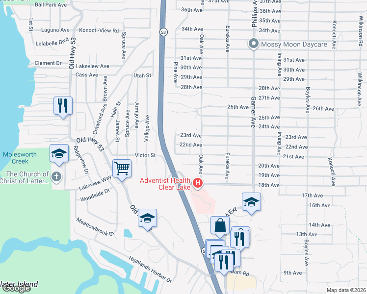 map of restaurants, bars, coffee shops, grocery stores, and more near 15563 22nd Avenue in Clearlake