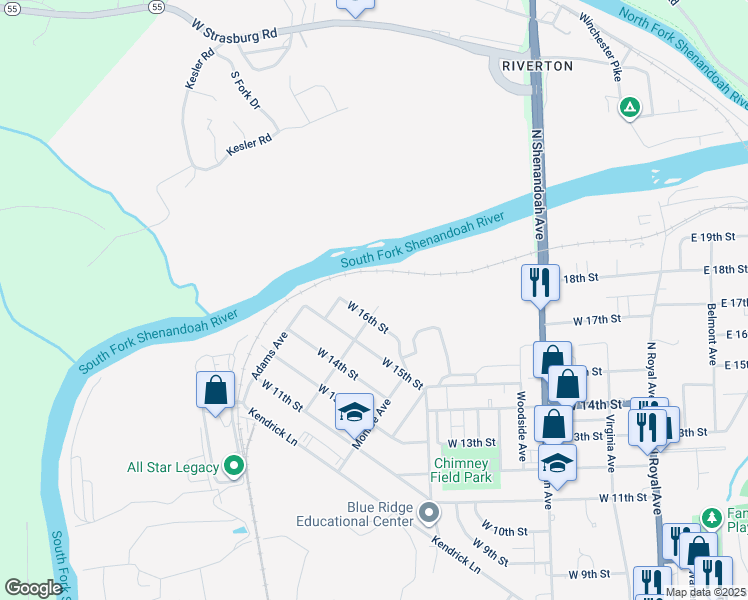 map of restaurants, bars, coffee shops, grocery stores, and more near 1604 Jefferson Avenue in Front Royal
