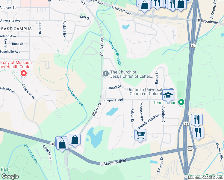 map of restaurants, bars, coffee shops, grocery stores, and more near 2216 Bushnell Drive in Columbia