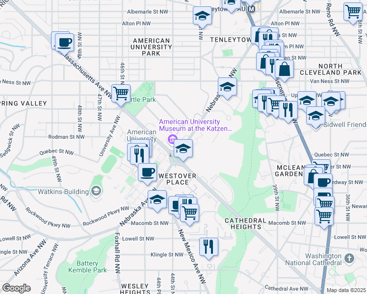 map of restaurants, bars, coffee shops, grocery stores, and more near 3800 Nebraska Avenue Northwest in Washington