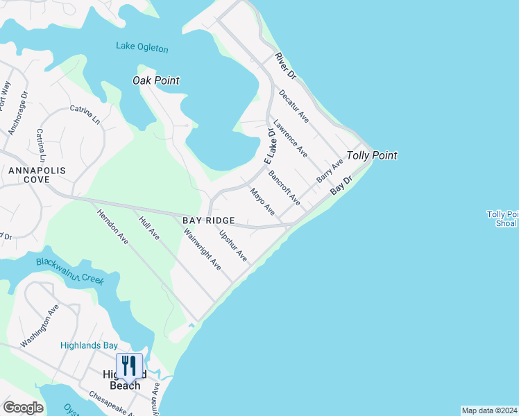 map of restaurants, bars, coffee shops, grocery stores, and more near 20 Mayo Avenue in Annapolis