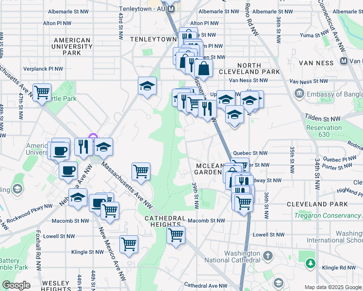 map of restaurants, bars, coffee shops, grocery stores, and more near 3750 39th Street Northwest in Washington