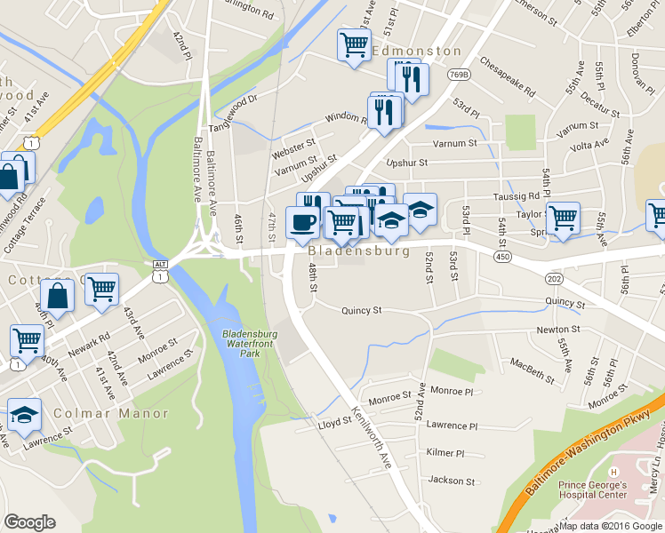 map of restaurants, bars, coffee shops, grocery stores, and more near 4805 Quincy Pl in Bladensburg