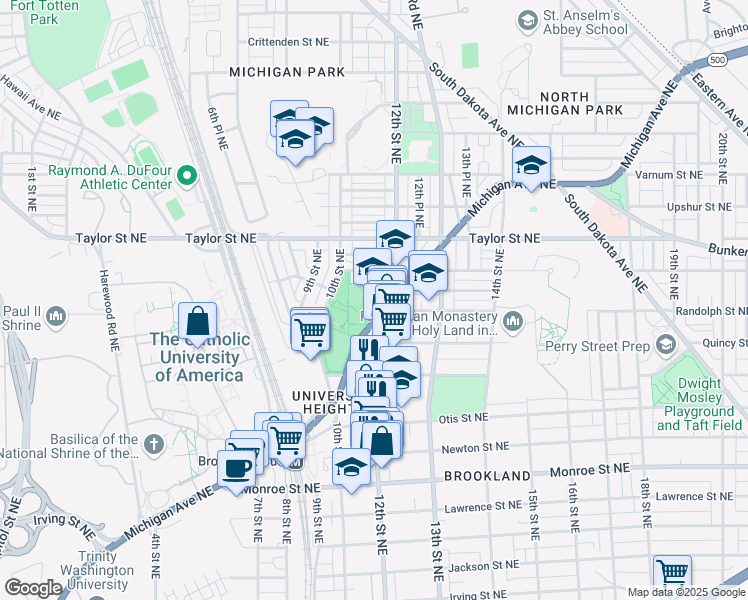 map of restaurants, bars, coffee shops, grocery stores, and more near 1150 Michigan Avenue Northeast in Washington
