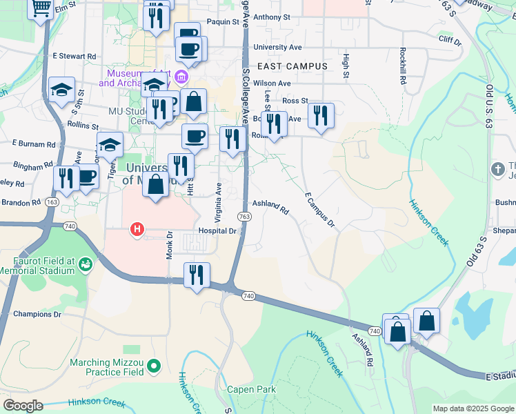 map of restaurants, bars, coffee shops, grocery stores, and more near 907 Ashland Road in Columbia