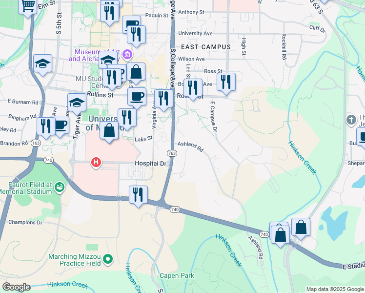 map of restaurants, bars, coffee shops, grocery stores, and more near 915 Park Avenue in Columbia