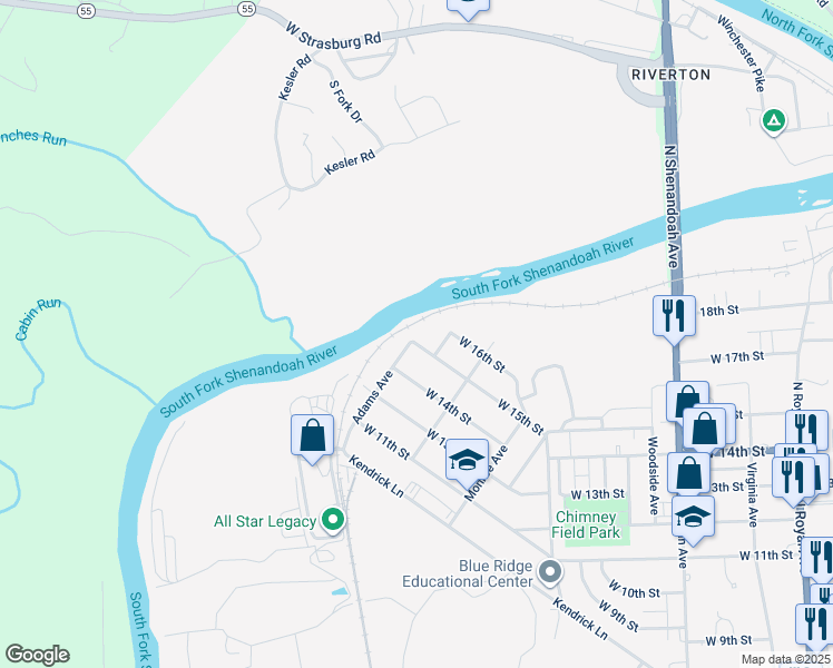 map of restaurants, bars, coffee shops, grocery stores, and more near 843 West 15th Street in Front Royal