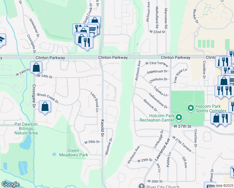 map of restaurants, bars, coffee shops, grocery stores, and more near 2404 Yosemite Drive in Lawrence