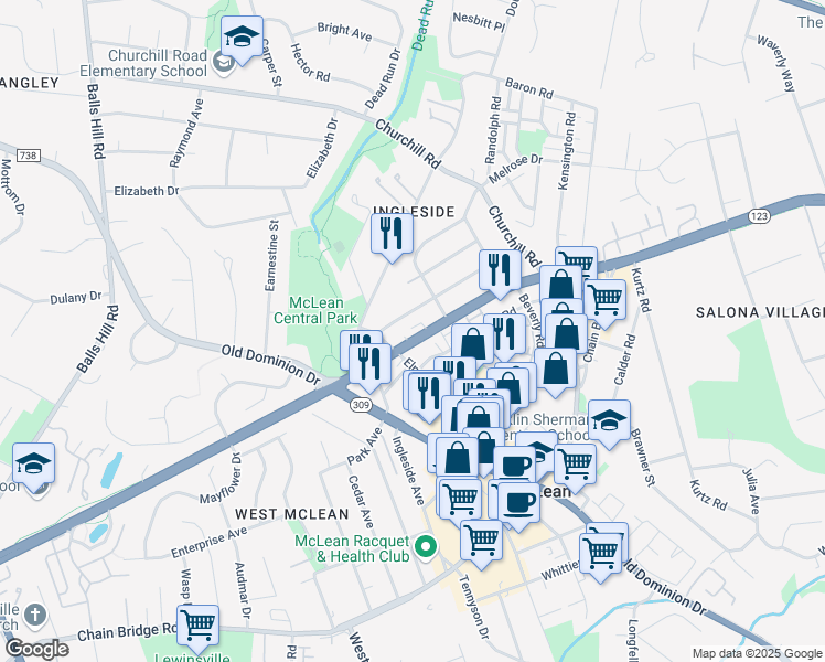 map of restaurants, bars, coffee shops, grocery stores, and more near 1426 Dolley Madison Boulevard in McLean
