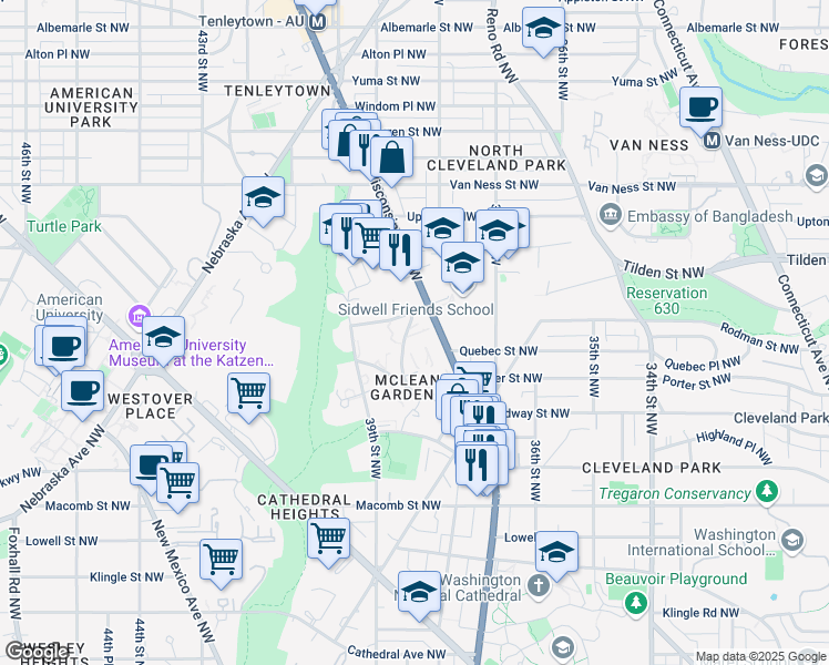 map of restaurants, bars, coffee shops, grocery stores, and more near 3629 38th Street Northwest in Washington