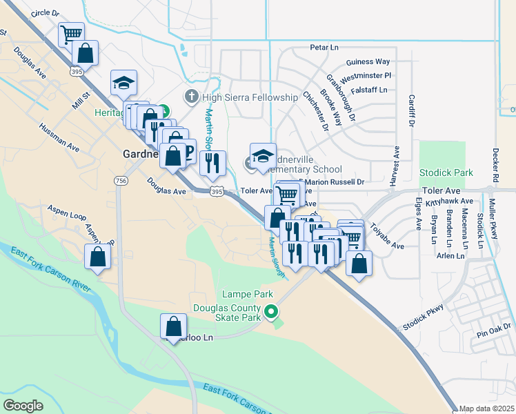 map of restaurants, bars, coffee shops, grocery stores, and more near 1375 U.S. Highway 395 North in Gardnerville