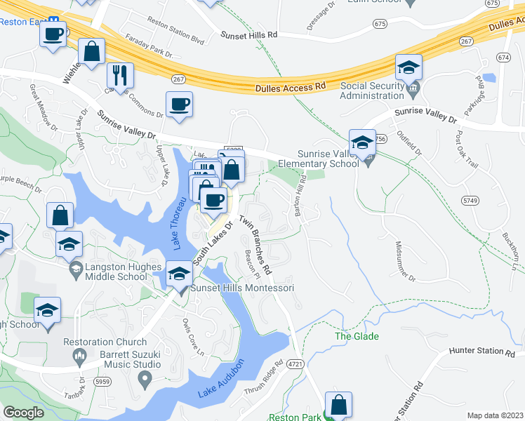 map of restaurants, bars, coffee shops, grocery stores, and more near 1933A Villaridge Drive in Reston