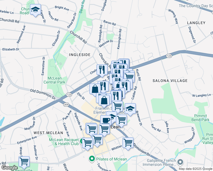 map of restaurants, bars, coffee shops, grocery stores, and more near 6800 Fleetwood Road in McLean