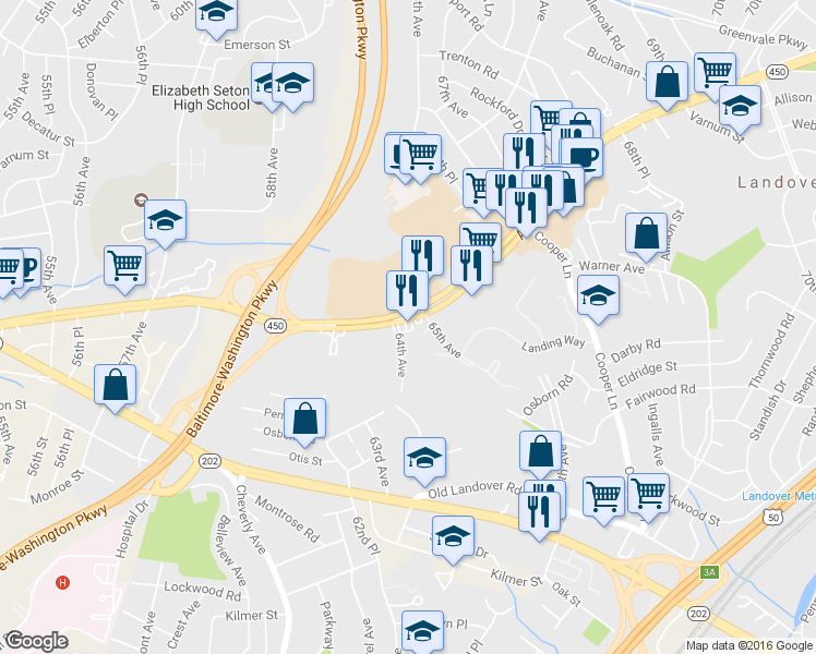 map of restaurants, bars, coffee shops, grocery stores, and more near 6401 Annapolis Rd in Greater Landover