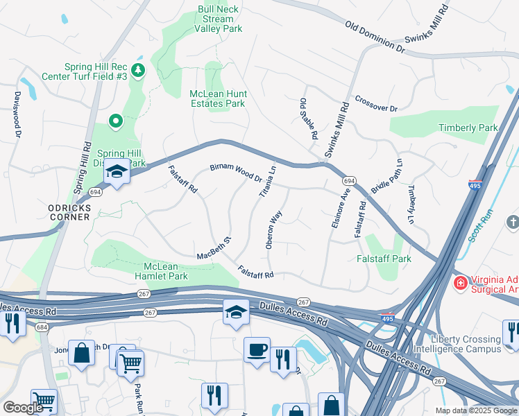map of restaurants, bars, coffee shops, grocery stores, and more near 1309 Titania Lane in McLean