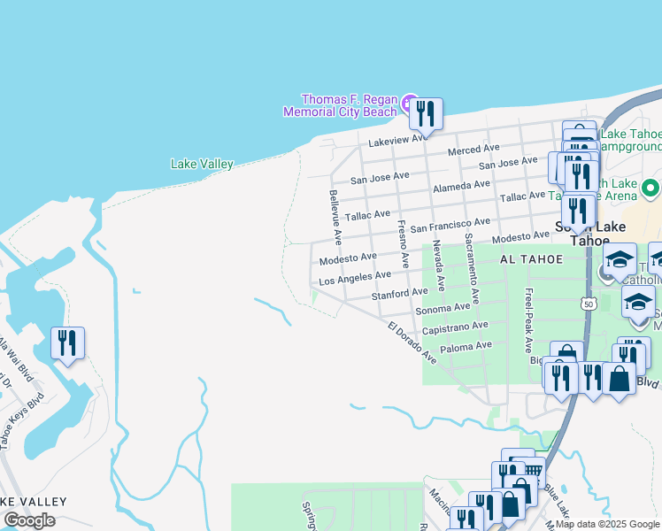 map of restaurants, bars, coffee shops, grocery stores, and more near 700 Modesto Avenue in South Lake Tahoe