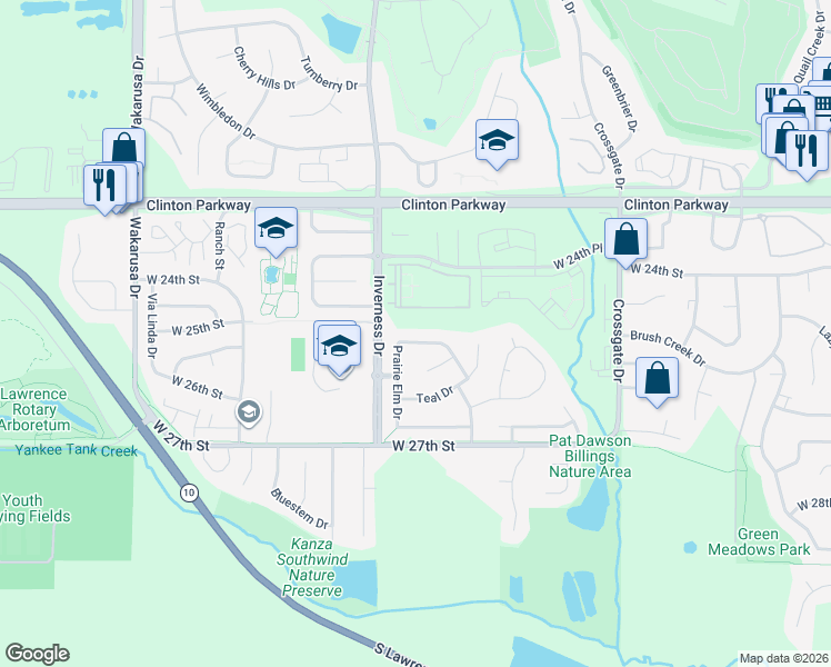 map of restaurants, bars, coffee shops, grocery stores, and more near 4312 Helianthus Drive in Lawrence