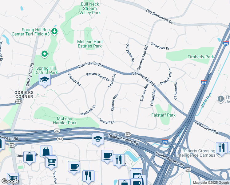 map of restaurants, bars, coffee shops, grocery stores, and more near 1306 Oberon Way in McLean