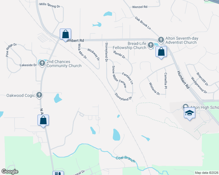 map of restaurants, bars, coffee shops, grocery stores, and more near 4706 Storeyland Drive in Alton
