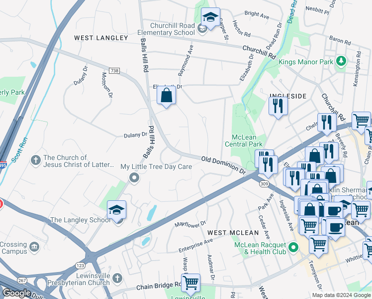 map of restaurants, bars, coffee shops, grocery stores, and more near 1310 Forestwood Drive in McLean