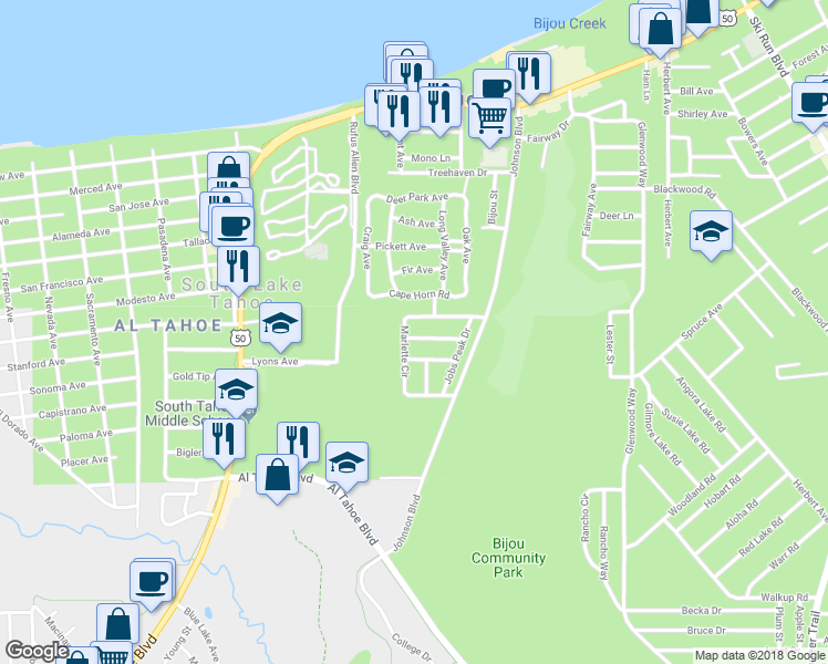 map of restaurants, bars, coffee shops, grocery stores, and more near 3335 Mount Rose Road in South Lake Tahoe