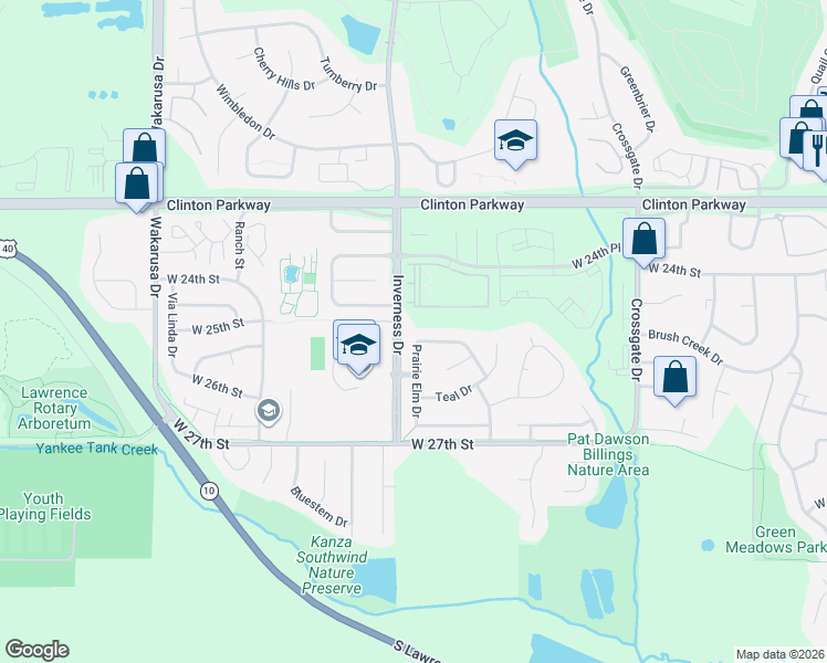 map of restaurants, bars, coffee shops, grocery stores, and more near 4312 Helianthus Drive in Lawrence