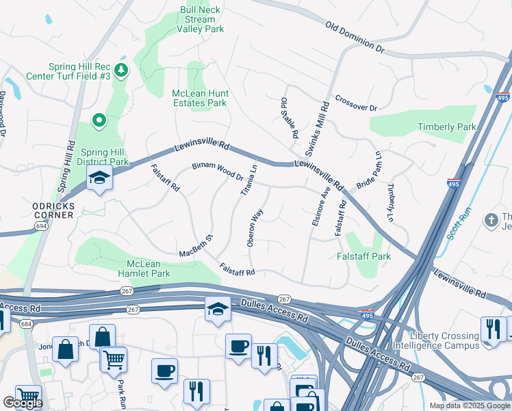 map of restaurants, bars, coffee shops, grocery stores, and more near 1306 Oberon Way in McLean